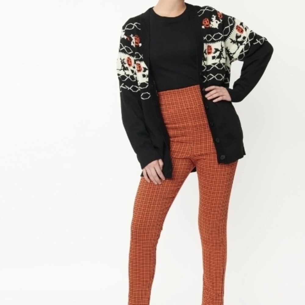 Unique Vintage Orange Checkered Skinny Pants